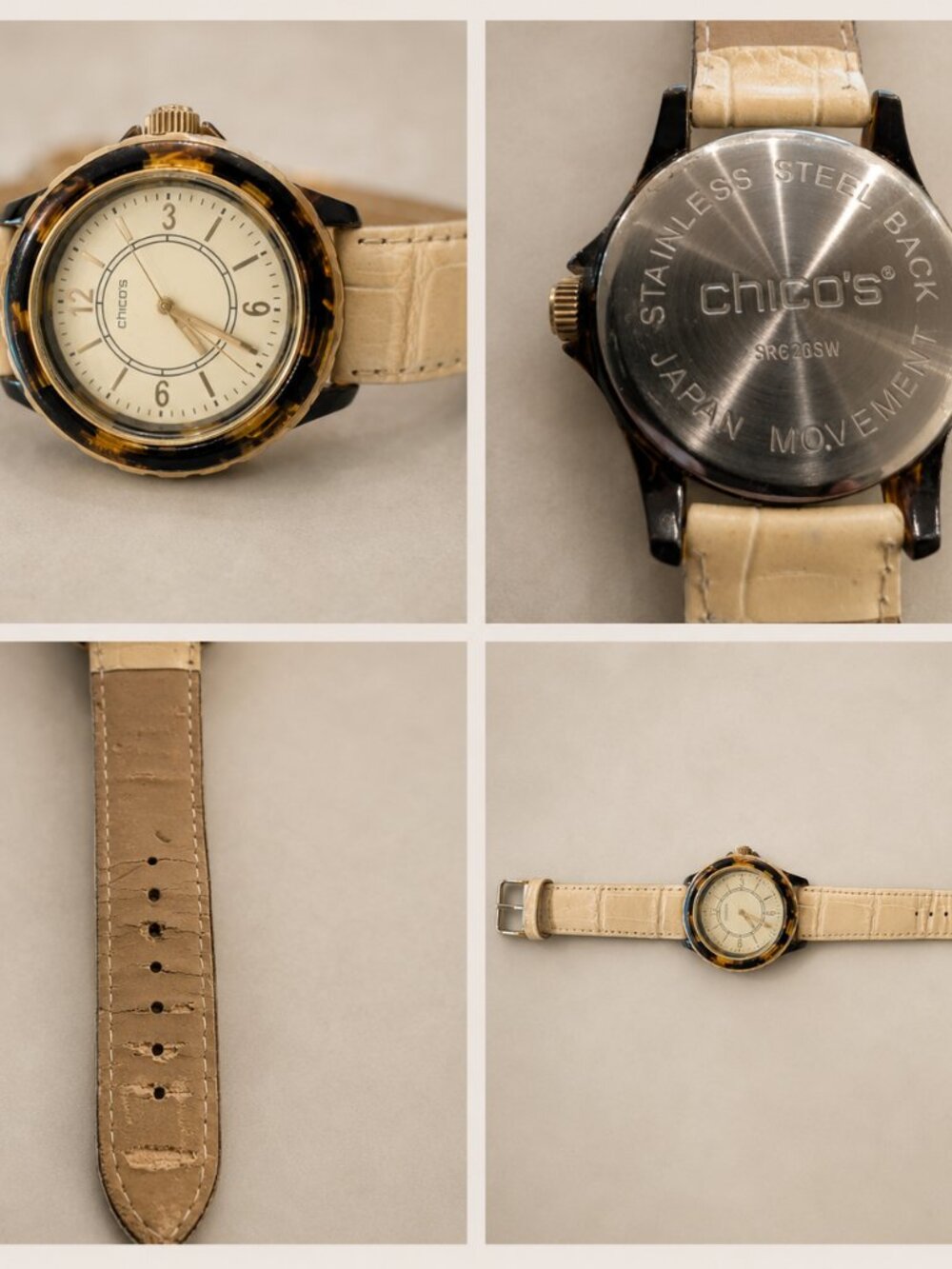 Chico’s Tortoiseshell Bezel Watch – Beige/Cream Band – Excellent Condition - Picture 3 of 4